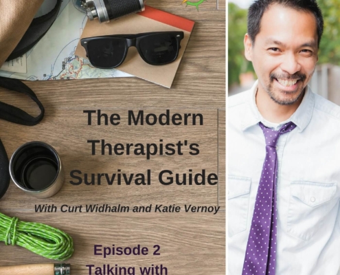 Photo ID: a wooden tabletop with a map, sunglasses, a camera, a thermos, some paracord, and a leather and canvas bag with a picture of Ernesto Segismundo Jr. and text overlay "Episode 2: Talking with Ernesto Segismundo Jr. M.S. LMFT, The Modern Therapist's Survival Guide"