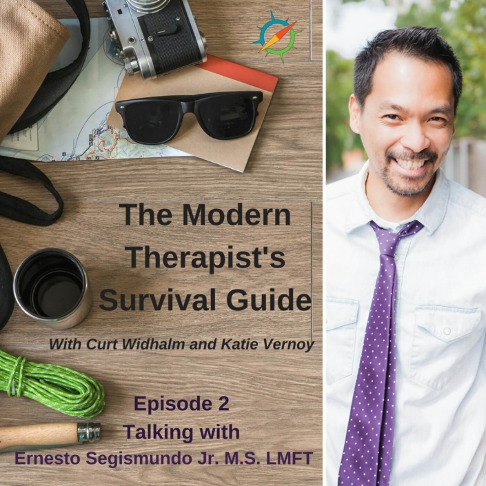 Photo ID: a wooden tabletop with a map, sunglasses, a camera, a thermos, some paracord, and a leather and canvas bag with a picture of Ernesto Segismundo Jr. and text overlay "Episode 2: Talking with Ernesto Segismundo Jr. M.S. LMFT, The Modern Therapist's Survival Guide"