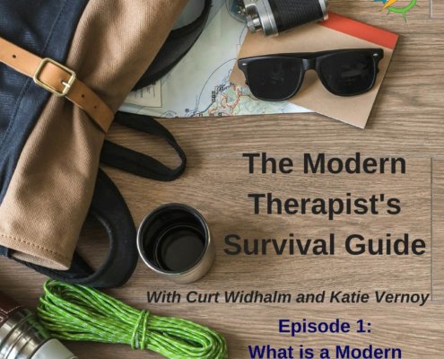Photo ID: a wooden tabletop with a map, sunglasses, a camera, a thermos, some paracord, and a leather and canvas bag with text overlay "Episode 1: What is a Modern Therapist? The Modern Therapist's Survival Guide"