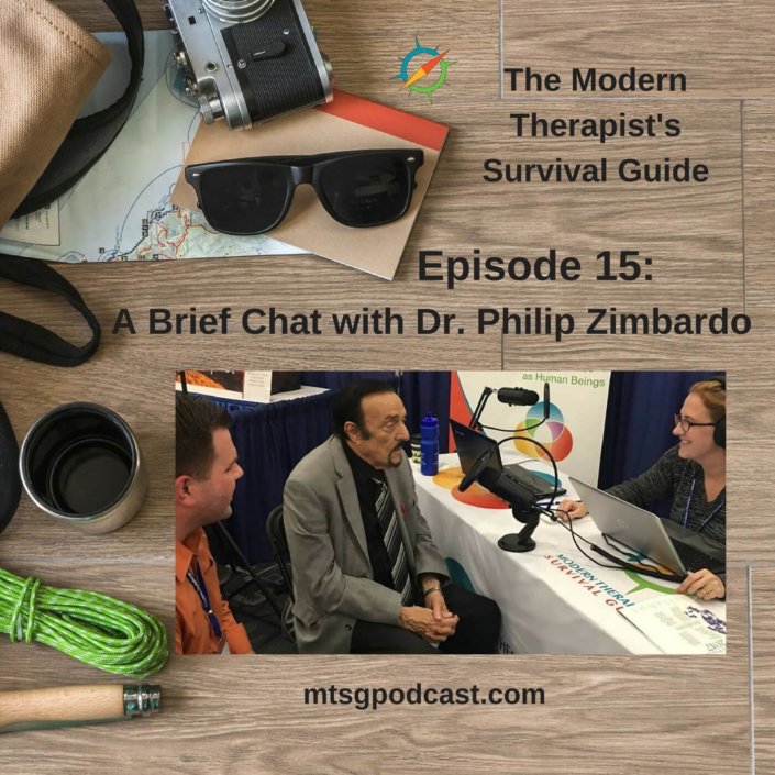 Photo ID: a wooden tabletop with a map, sunglasses, a camera, a thermos, some paracord, and a leather and canvas bag with a picture of Curt and Katie chatting with Dr. Zimbardo and text overlay "Episode 15: A Brief Chat with Dr. Philip Zimbardo"