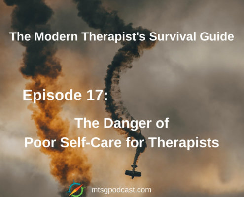 Photo ID: A plane with a trail of smoke behind it falling towards the earth with text overlay "Episode 17: The Danger of Poor Self-Care"