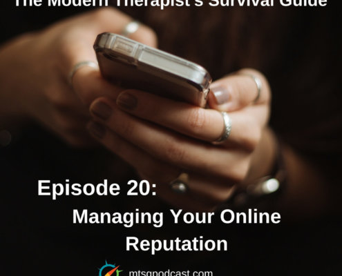 Photo ID: Hands holding a mobile phone with text overlay "Episode 20: Managing Your Online Reputation"
