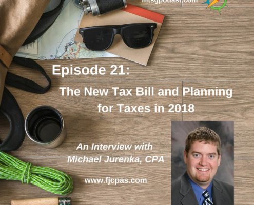 Photo ID: a wooden tabletop with a map, sunglasses, a camera, a thermos, some paracord, and a leather and canvas bag with a picture of Michael Jurenka and text overlay "Episode 21: The New Tax Bill and Planning for Taxes in 2018, An Interview with Michael Jurenka, CPA"