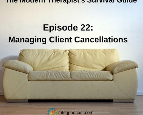 Photo ID: An empty pale yellow couch with text overlay "Episode 22: Managing Client Cancellations"