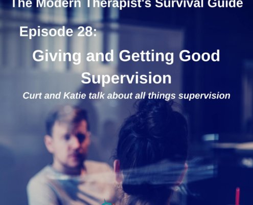 Photo ID: Two people talking with text overlay "Episode 28: Giving and Getting Good Supervision, Curt and Katie talk about all things supervision"