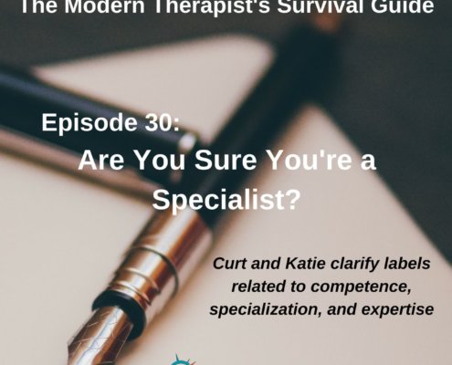 Photo ID: An open fountain pen with its cap next to it and a piece of paper underneath it with text overlay "Episode 30: Are You Sure You're a Specialist? Curt and Katie clarify labels relating to competence, specialization and expertise"