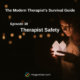 Photo ID: Someone looking down at a vigil candle with several such lights in the background with text overlay "Episode 38: Therapist Safety"
