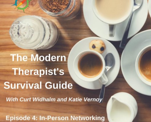 Photo ID: A wooden table top with multiple cups of coffee, creamer, and jars of sugar and cinnamon with text overlay "The Modern Therapist's Survival Guide Episode 4: In-Person Networking"