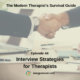 Photo ID: Two people shaking hands across a table with papers and a laptop on it, with text overlay "Episode 44: Interview Strategies for Therapists"