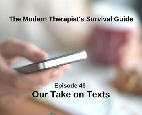 Photo ID: A hand holding a mobile phone with text overlay "Episode 46: Our Take on Texts"