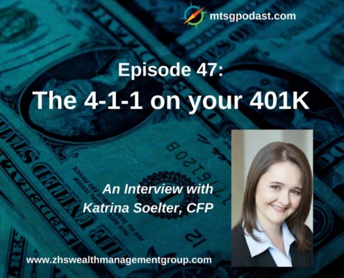 Photo ID: A close up on dollar bills through a blue filter with a picture of Katrina Soelter to one side and text overlay "Episode 47: The 4-1-1 on Your 401K, An Interview with Katrina Soelter, CFP"