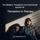 Photo ID: A woman wearing a cardigan sitting on a couch with text overlay, "Episode 48: Therapists In Therapy"