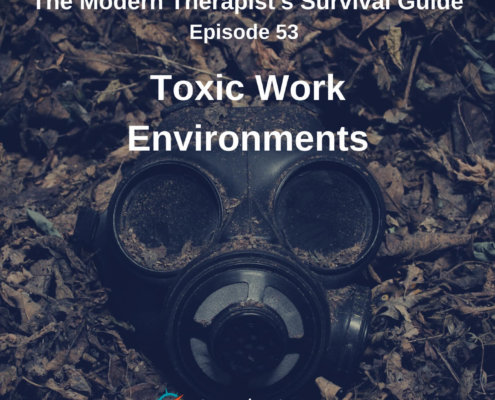 Photo ID: A dirty gas mask sitting face up on the ground with text overlay "Episode 53: Toxic Work Environments"