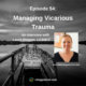 Photo ID: A black and white image of a lake with a pier bearing the sign "Danger Deep Water" with a color picture of Laura Reagan, LCSW-C to one side and text overlay "Episode 54: Managing Vicarious Trauma: An Interview with Laura Reagan, LCSW-C"