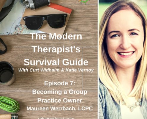 Photo ID: a wooden tabletop with a map, sunglasses, a camera, a thermos, some paracord, and a leather and canvas bag with a picture of Maureen Werrbach to one side and text overlay "Episode 7: Becoming a Group Practice Owner, An Interview with Maureen Werrbach"