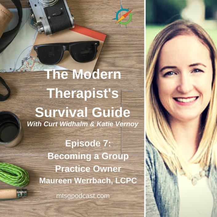 Photo ID: a wooden tabletop with a map, sunglasses, a camera, a thermos, some paracord, and a leather and canvas bag with a picture of Maureen Werrbach to one side and text overlay "Episode 7: Becoming a Group Practice Owner, An Interview with Maureen Werrbach"