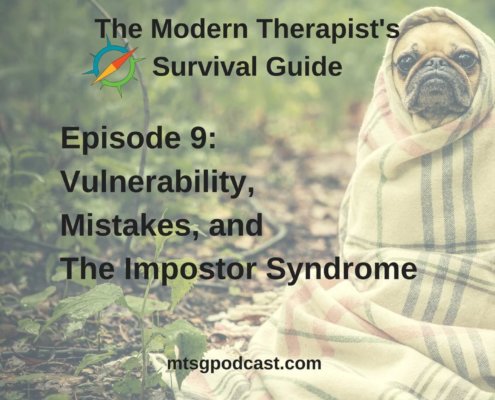 Photo ID: A dog wrapped in a blanket with text overlay "Episode 9: Vulnerability, Mistakes, and The Impostor Syndrome"