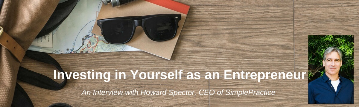 Photo ID: a wooden tabletop with a map, sunglasses, a camera, and a leather and canvas bag and a picture of Howard Spector to one side with text overlay 