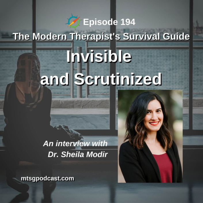 Photo ID: A woman in a head scarf looking out at the ocean with a photo of Sheila Modir to one side and text overlay "Episode 194: Invisible and Scrutinized, An Interview with Dr. Sheila Modir"
