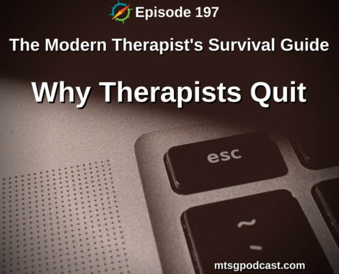Picture ID: A keyboard focused in on the esc key with text overly "Episode 197: Why Therapists Quit"