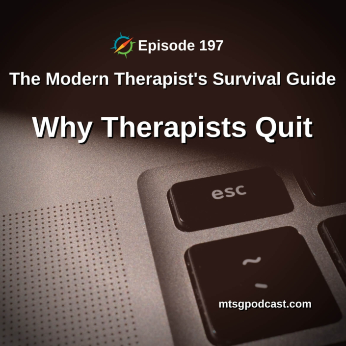 Picture ID: A keyboard focused in on the esc key with text overly "Episode 197: Why Therapists Quit"