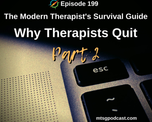 Picture ID: A keyboard focused in on the esc key with text overly "Episode 199: Why Therapists Quit: Part 2"
