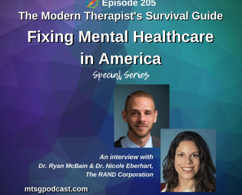 Photo ID: A blue, green and purple fractal with photos of Ryan McBain and Nicole Eberhart to one side and text overlay "Episode 205: Fixing Mental Health in America - Special Series, An Interview with Dr. Ryan McBain & Dr. Nicole Eberhart, The RAND Corporation"