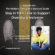 Photo ID: Someone standing with their feet on either side of a yellow line with a picture of Joy Cox to one side and text overlay "Episode 210: How to Stay in Your Lane to Support Diversity and Inclusion, An Interview with Dr. Joy Cox, PhD, DrJoyCox.com"