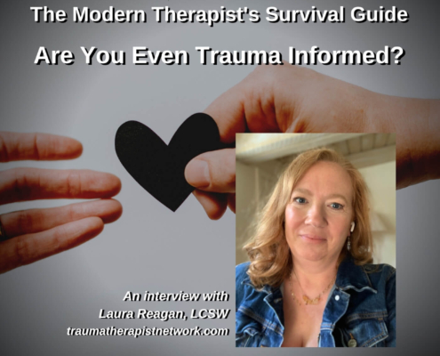 Photo ID: One hand offering another hand a cut-out heart made from black construction paper with a picture of Laura Reagan, LCSW and text overlay "Episode 224: Are You Even Trauma Informed? An Interview with Laura Reagan, LCSW"