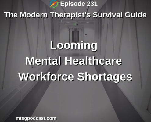 Photo ID: A long sterile white hallway with text overlay "Episode 231: Advocacy in the Wake of Looming Mental Healthcare Workforce Shortages"
