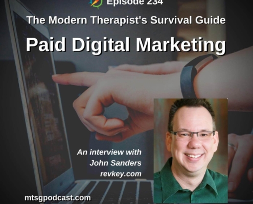 Photo ID: People pointing at the screen of a laptop with a photo of John Sanders to one side and text overlay "Episode 234: Is Your Practice Ready for Paid Digital Marketing? An Interview with John Sanders - revkey.com"
