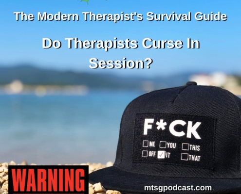 Photo ID: A hat sitting on the beach with an expletive on it with one letter replaced with a star and text overlay "Episode 251: Do Therapists Curse in Session?" There also is a content warning in the bottom corner.