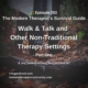 Photo ID: Two people walking on a leaf strewn path with text overlay "Episode 253: Walk & Talk and Other Non-Traditional Therapy Settings – Part 1"