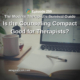 Photo ID: Wooden desk with laptop, coffee mug, paper and a pen on top. Text overlay "Episode 259: Is the Counseling Compact Good for Therapists?"
