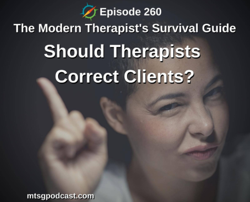 Photo ID: A woman on black background, pointing her index finger in the air, while making an unsure facial expression. Text overlay "Episode 260: Should Therapists Correct Clients?"