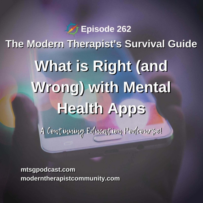 Photo ID: Photo of a hand holding a white mobile phone with Text overlay "Episode 262: What is Right (and Wrong) with Mental Health Apps