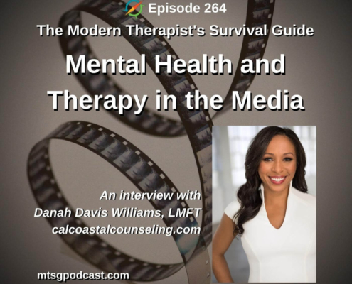Photo ID: Loops of movie film and the headshot of Dana Davis Williams overlayed with the text: "Episode 246: Mental Health and Therapy in the Media: An Interview with Danah Davis Williams, LMFT"