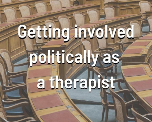 Photo ID: Government Meeting Hall with text overlay "Getting involved politically as a therapist"