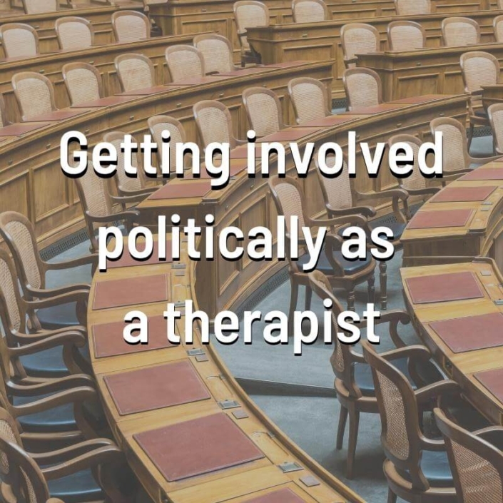 Photo ID: Government Meeting Hall with text overlay "Getting involved politically as a therapist"