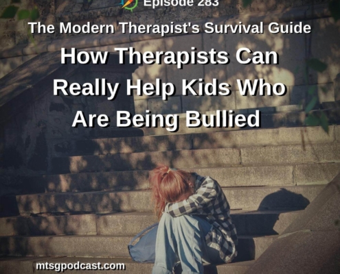 Photo ID: A child with their head in their arms on a set of stairs with text overlay "Episode 283: How Therapists Can Really Help Kids Who Are Being Bullied"