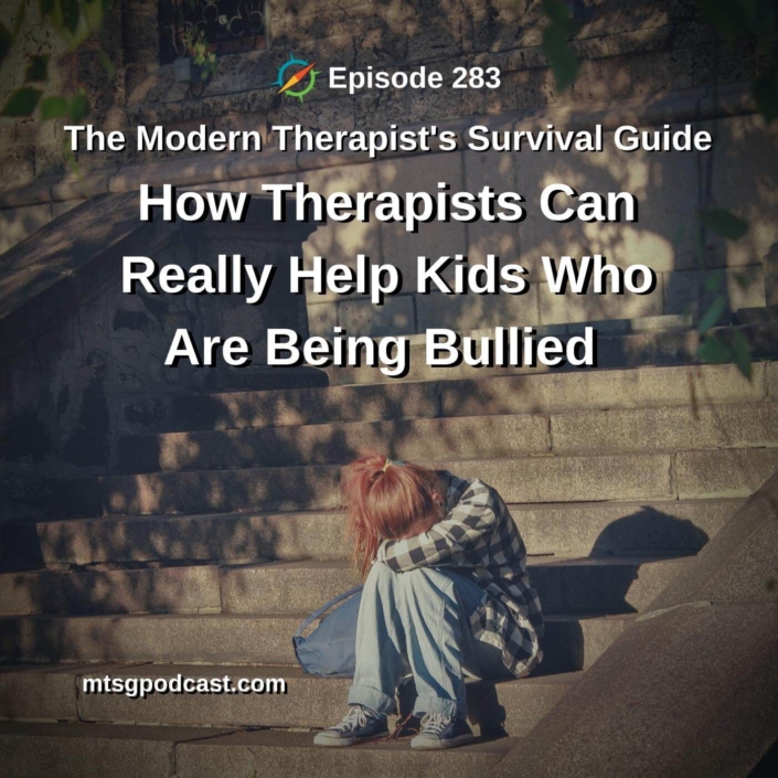 Photo ID: A child with their head in their arms on a set of stairs with text overlay "Episode 283: How Therapists Can Really Help Kids Who Are Being Bullied"