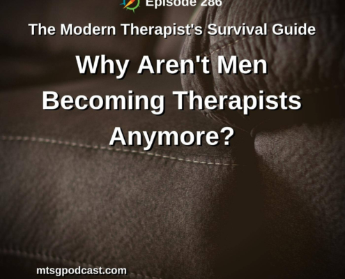 Photo ID: A closeup of a charcoal colored couch with text overlay "Episode 286: What Aren't Men Becoming Therapists Anymore?"