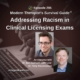 Photo ID: A person working at a laptop with pictures of Dr. Ben Caldwell and Dr. Tony Rousmaniere overlaid and text overlay "Episode 295: Addressing Racism in Clinical Licensing Exams: An Interview with Ben Caldwell and Tony Rousmaniere"