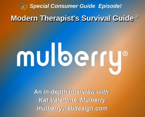 Photo ID: Yellow and blue diagonal stripes with text overlay "Special Episode: Modern Therapist's Consumer Guide on Mulberry"
