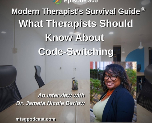 Photo ID: An empty boardroom with a picture of Dr. Jameta Nicole Barlow to one side and text overlay "Episode 305: What therapists should know about Code-Switching: An interview with Dr. Jameta Nicole Barlow"