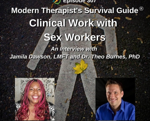 Photo ID: A walk symbol person painted on asphalt with a leaf covering where the legs meet in the middle with pictures of Jamila Dawson and Theo Burns to either side and text overlay "Episode 307: Clinical Work with Sex Workers: An interview with Jamila Dawson and Theo Burnes"