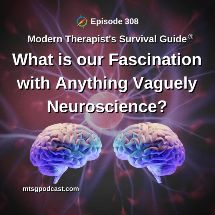 Photo ID: A close up image of a neuron with two brains facing each other at the bottom and text overlay "Episode 308: What is our Fascination with Anything Vaguely Neuroscience?"