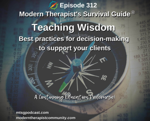 Photo ID: A compass on top of a spreadsheet filled with numbers with text overlay "Episode 312: Teaching Wisdom: Best practices for decision-making to support your clients"