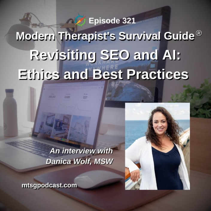 Photo ID: A desk with a laptop set up on it with text overlay "Episode 321: Revisiting SEO and AI – Ethics and best practices: An Interview with Danica Wolf"