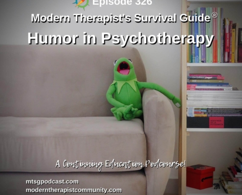 Photo ID: Kermit the Frog sitting on a couch looking like he is laughing with text overlay "Episode 326: Humor in Psychotherapy"